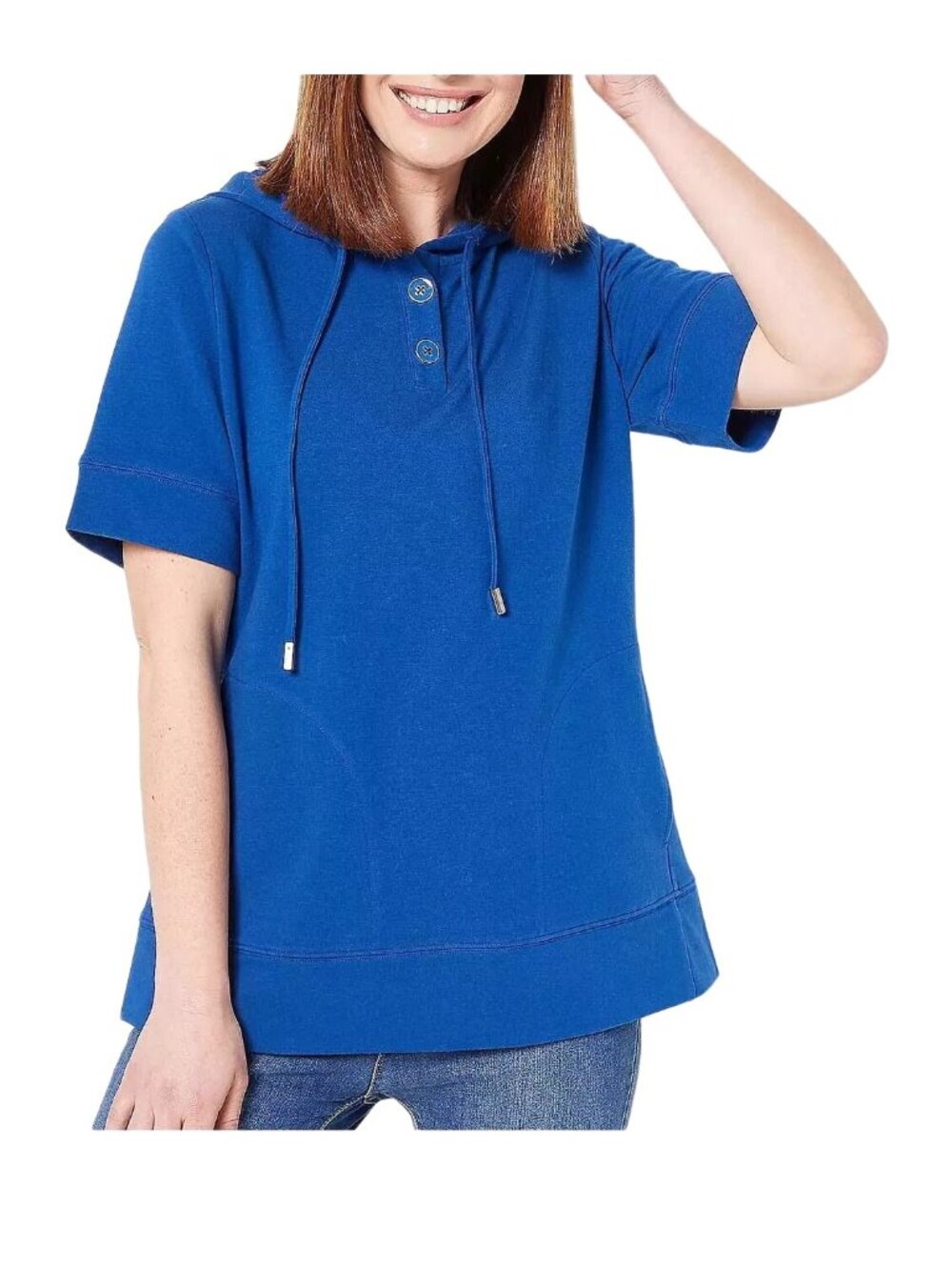 Joan Rivers French Terry Short Sleeve Hoodie Sz XS Bright Blue Cotton Blend NEW